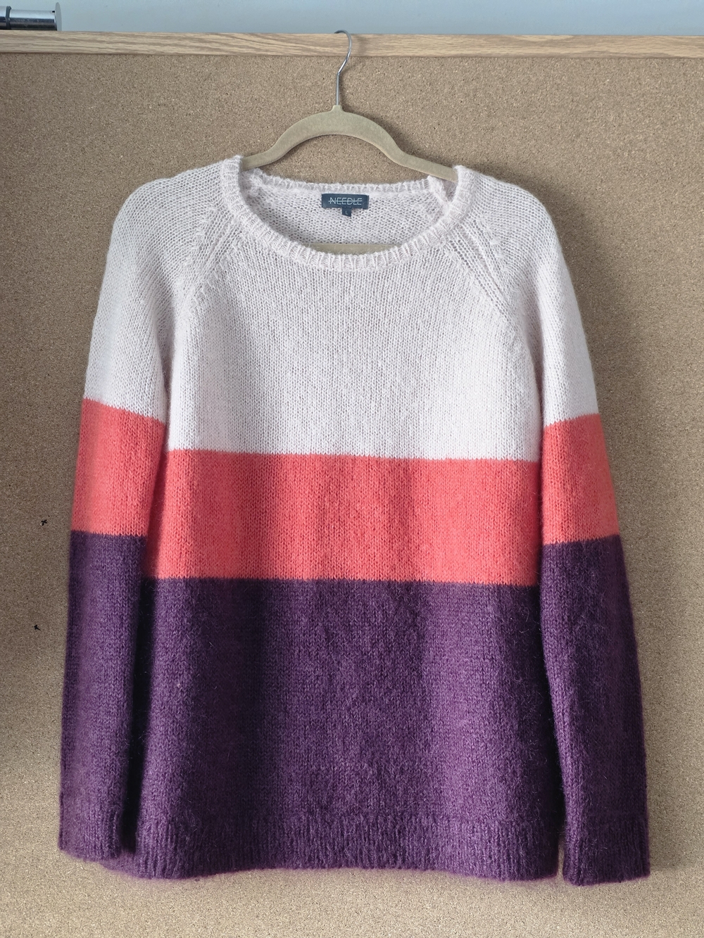 NEEDLE Mohair Merino Wool  Colorblock Fuzzy Knit Sweater L Cozycore Scoop Neck